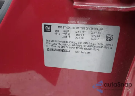 2015 Chevrolet Impala 2Lz from USA, damaged, VIN 2G1165S31F9275424